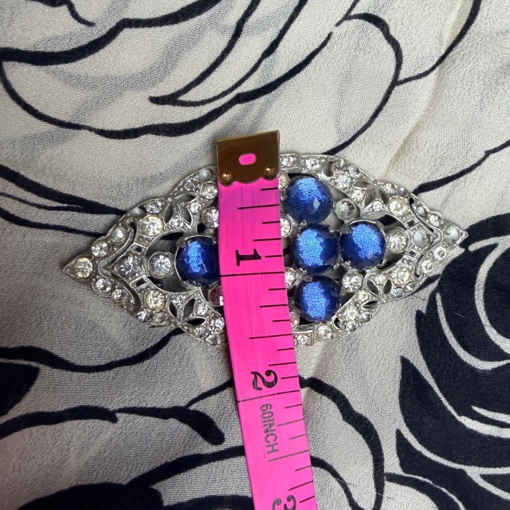 Vintage Art Deco Style Rhinestone and Cobalt Blue Brooch Silver Tone - Picture 5 of 5